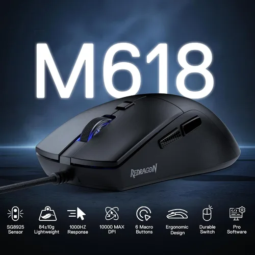 Vista 2 de Redragon M618 - Mouse para juegos con cable, mouse óptico de 8000 DPI con 6 botones programables y 5 modos retroiluminados, 70G ultra ligero, Negro