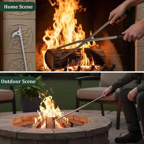Vista 3 de Tredre Juego de pinzas de fuego y póquer de fuego, herramientas de acero inoxidable para exteriores, pinzas de chimenea de alta resistencia