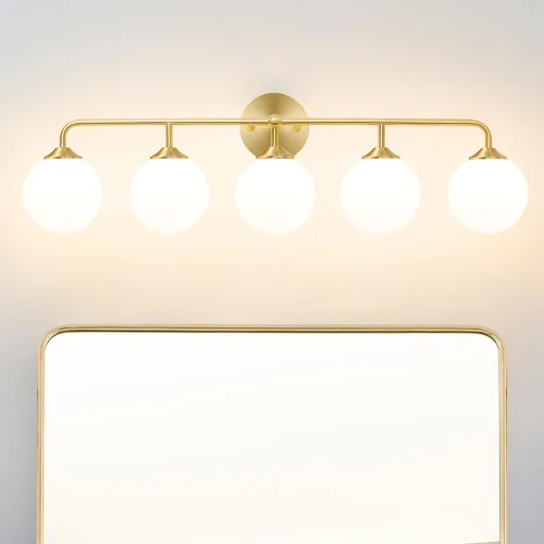 Vista 19 de Luces modernas de tocador de baño de níquel cepillado de 2 luces, accesorios de iluminación de baño sobre espejo con pantalla de globo de vidrio