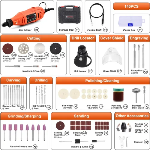 Vista 8 de GOXAWEE Kit de herramientas rotativas con portabrocas sin llave y eje flexible, herramienta eléctrica multiusos de velocidad variable y 140