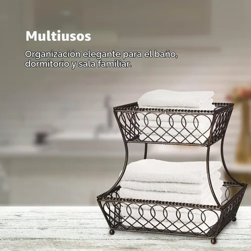 Vista 6 de [Usado] Gourmet Basics by Mikasa Cesta de frutas para encimera de 2 niveles, con bucle y celosía, almacenamiento redondo de metal para cocina o mesa
