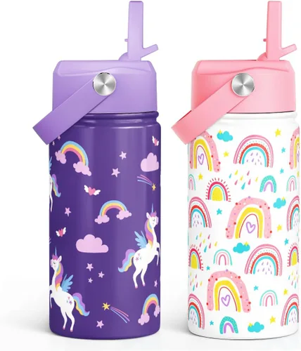 Vista 17 de SANDJEST Botella de Agua para Niños con Tapa de Pajita - 12 Oz Botella de Acero Inoxidable Aislada con Dibujo de Animales para Niños y Niñas - Taza