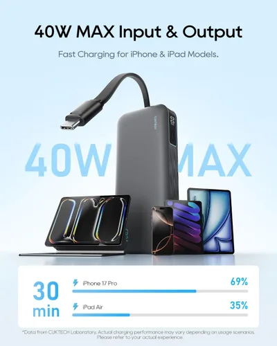 Vista 2 de CUKTECH Banco de energía de 20,000 mAh con cable USB-C integrado, cargador portátil de carga rápida PD de 40 W, batería de 3 puertos para iPhone