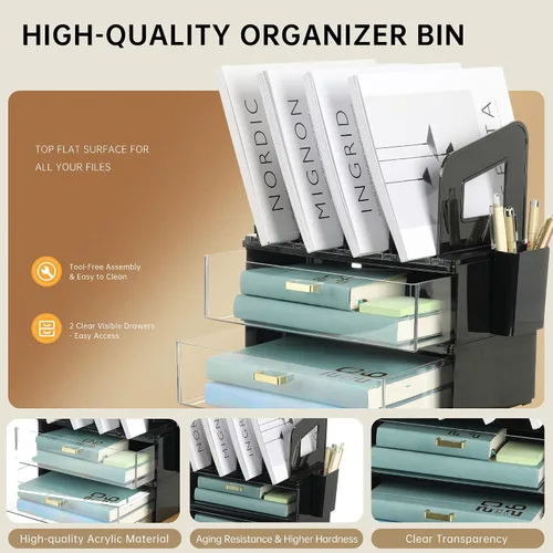 Vista 3 de CiWiVOKi Organizador de escritorio y accesorios, organizador de archivos de escritorio de 2 niveles con cajón acrílico y 2 soportes para bolígrafos