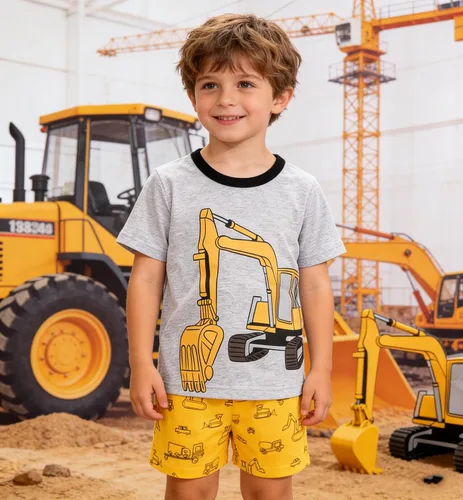 Vista 3 de Pijamas para niños, 100% algodón, 2 piezas, manga corta, conjunto de ropa de dormir de verano para niños, 3t-10t 01 Gris/Estampado De Excavadora