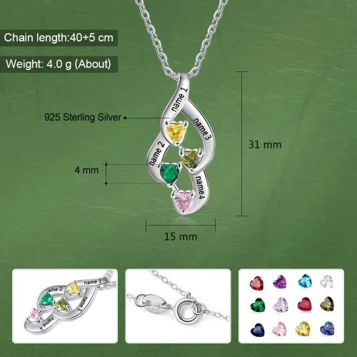 Vista 3 de Collar personalizado de plata de ley, collar con colgante de piedra natal de la madre con nombres grabados, collar familiar para mujer, Metal