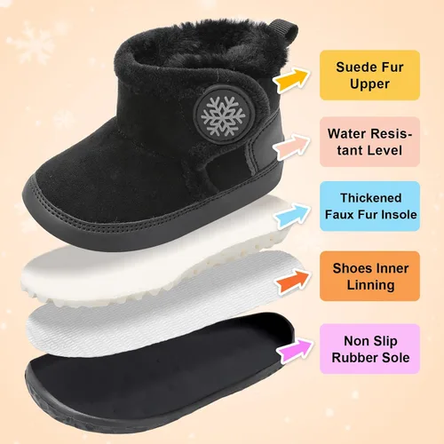 Vista 3 de L-RUN Botas de bebé para bebés, niños y niñas, tobillo cálido de gamuza con forro de felpa, pantuflas de casa para niños pequeños, zapatos