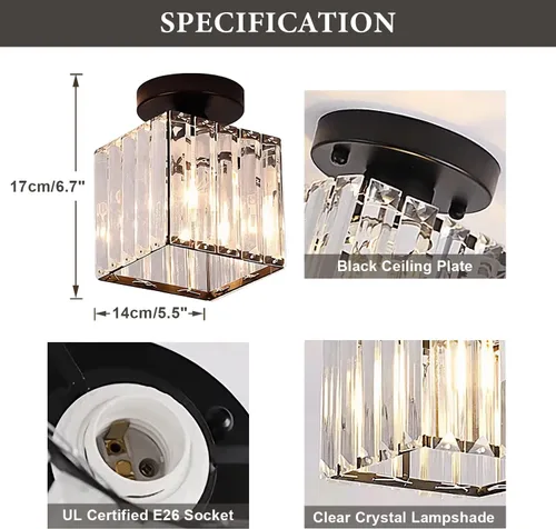 Vista 2 de KCO Lámpara de techo pequeña de montaje empotrado de color negro, mini lámpara de cristal moderna para entrada, pasillo, lámparas de techo