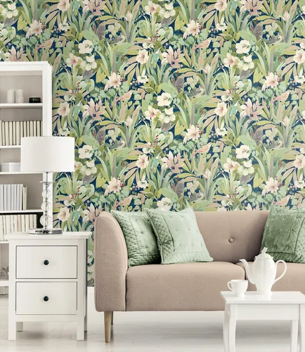 Vista 2 de NextWall Papel tapiz para despegar y pegar de pájaros florecientes (helecho y azul mezclilla)