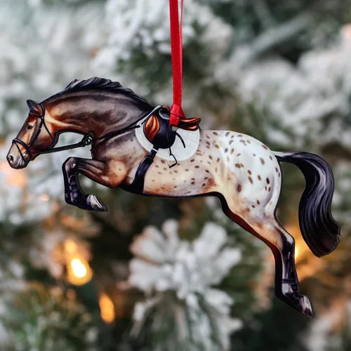 Vista 2 de Adorno de Navidad de caballo cazador, decoración de salto de caballo deportivo, regalos de caballo para ecuestre (manta moteada de bahía Appaloosa)
