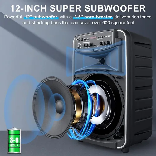 Vista 3 de GTSK12-2 - Sistema de altavoces PA Bluetooth portátil, altavoz de karaoke inalámbrico con subwoofer de 12 pulgadas, USB/SD/MP3/FM/TWS - micrófonos