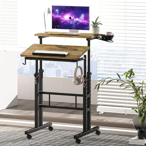 Vista 9 de Klvied Escritorio móvil rodante con soporte para tazas, portátil, altura ajustable, pequeño escritorio de pie con ruedas para oficina en casa, Roble
