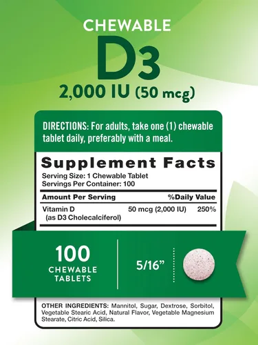 Vista 2 de Nature's Truth Vitamina D3 masticable de 2,000 UI 100 tabletas Sabor a bayas Suplemento vegetariano, sin OMG y sin gluten