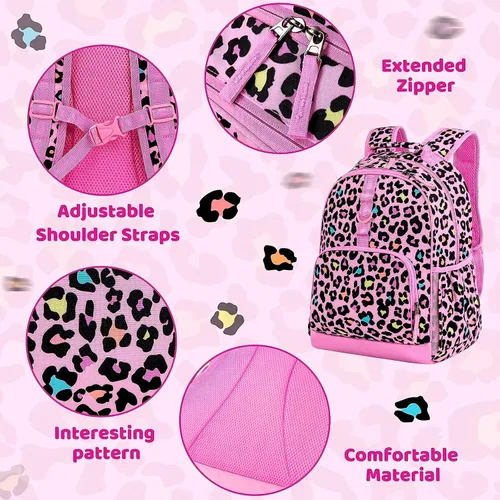 Vista 4 de Choco Mocha Mochila de escuela primaria de 17 pulgadas para niños, rosa (Leopard-pink)