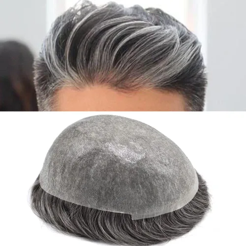Vista 53 de Pieza de pelo para hombre, sistema de reemplazo de cabello de piel ultra fina para hombres, pieza de pelo de tupé para hombres, cabello humano real