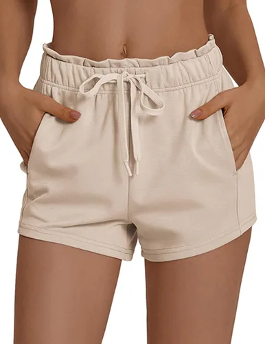 Vista 2 de PINSPARK Pantalones cortos deportivos para mujer, cintura alta, con cordón, pantalones cortos de entrenamiento de verano, suaves, casuales
