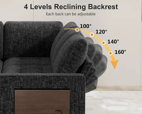Vista 5 de Vipbear Sofá cama modular en forma de L de 7 asientos con otomana/cama extraíble/respaldo reclinable/puertos USB/mesa/luz LED/asiento de Negro