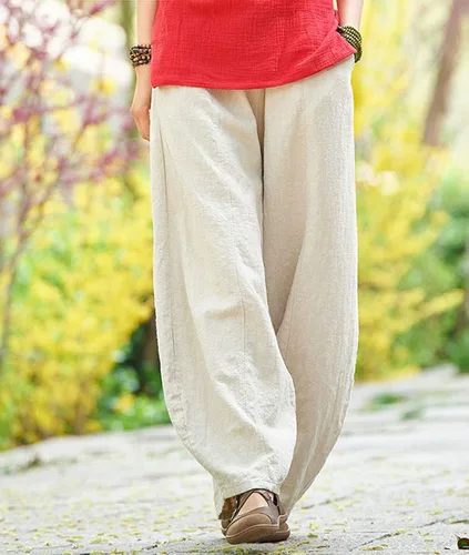 Vista 2 de IXIMO - Pantalones de lino y algodón holgados para mujer, con cintura elástica y ajuste relajado, estilo harén