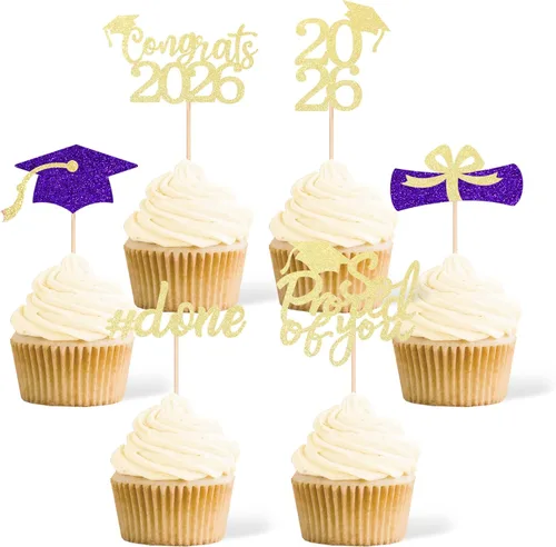 Vista 7 de 36 adornos para cupcakes de graduación de clase 2026, con purpurina azul de doble cara para suministros de fiesta de graduación, decoraciones