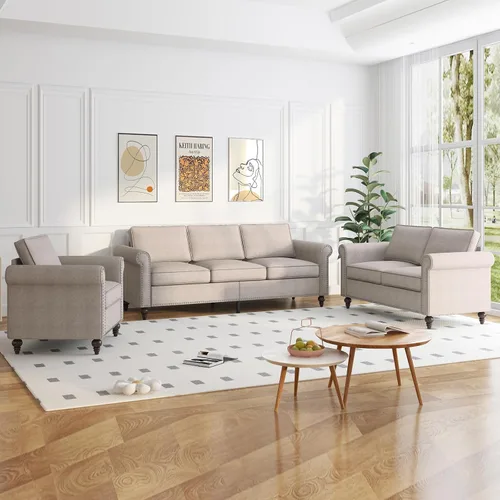 Vista 10 de PUREMIND Juego de sofá de 2 piezas para muebles de sala de estar, juego de sofá y silla de oficina moderno de lino con patas de madera maciza, sofá