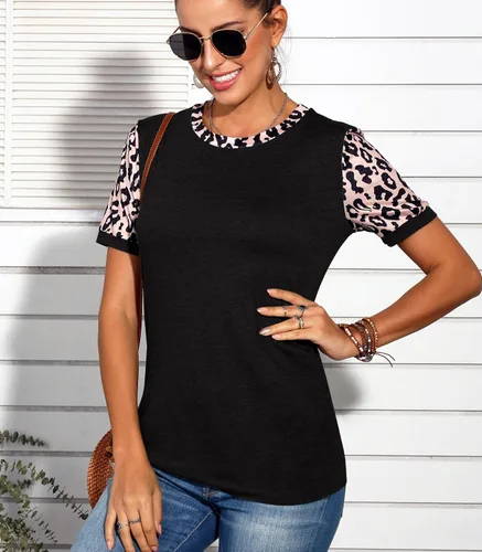 Vista 3 de Decual Camisetas de algodón con estampado de leopardo para mujer, camisetas básicas casuales