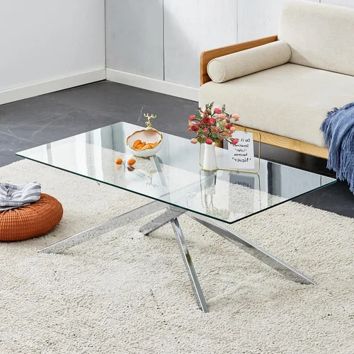 Vista 12 de Mesa de centro de cristal para sala de estar, moderna rectangular con parte superior de vidrio templado transparente y patas de metal, mesas de Negro