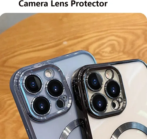 Vista 3 de Funda magnética transparente para iPhone 14 Pro con protector de lente de cámara, funda de protección completa compatible con MagSafe elegante funda
