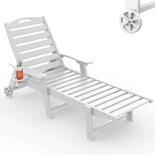 Vista 35 de Tumbona al aire libre, silla de descanso al aire libre con textura de madera, respaldo ajustable de 5 posiciones, silla de salón de polietileno