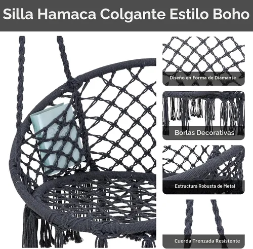 Vista 3 de ANOW Silla colgante con soporte incluido, hamaca resistente con soporte y cojín acolchado extraíble, máximo 400 libras, gris oscuro