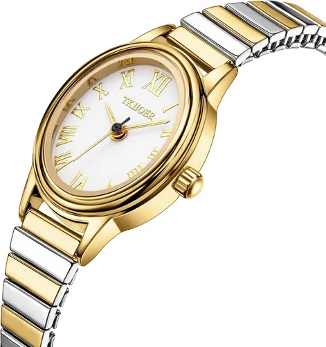 Vista 2 de Relojes pequeños de oro para mujer, reloj analógico de esfera fácil de leer, caja ovalada, banda de expansión de acero inoxidable, reloj impermeable