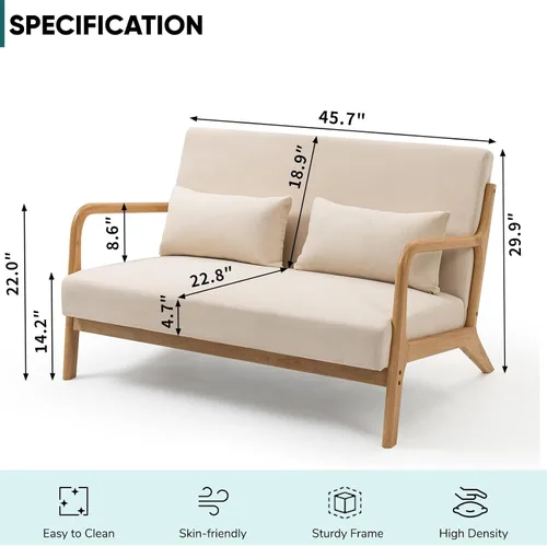 Vista 2 de JOYBASE Sofá biplaza pequeño de 45.7 pulgadas de ancho, sofá biplaza moderno de mediados de siglo con reposabrazos para sala de estar, espacio Beige