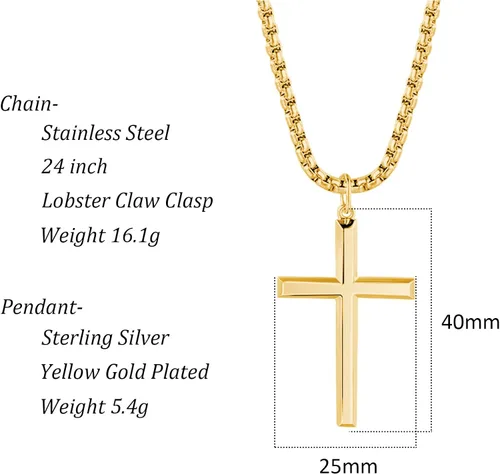 Vista 6 de FANCIME Collar con cruz biselada de plata de ley 925 maciza pulida con chapa de oro amarillo o blanco Collar de crucifijo para hombre Collar largo