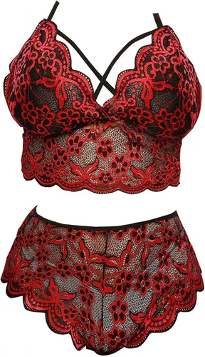 Vista 5 de Lencería sexy de encaje de talla grande para mujer, 2 piezas, brasier cruzado de cintura alta, conjunto de bragas para sexo travieso transparente