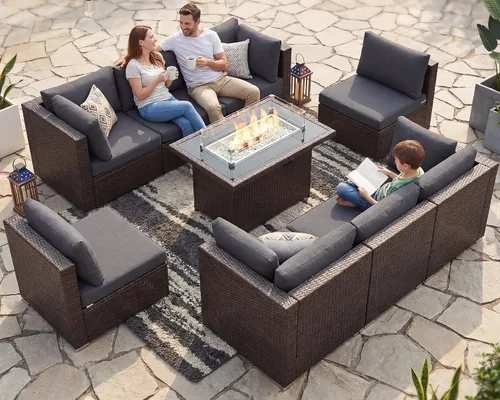 Vista 123 de NICESOUL Juego de muebles de patio de ratán extra grande con mesa para fogata de gas y propano, 29.3 pulgadas, respaldo alto, cómodos conversaciones