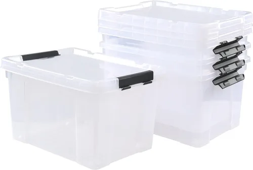 Vista 4 de Paquete de 4 cajas de almacenamiento de plástico transparente de 22 L con ruedas, pestillo de almacenamiento con tapa