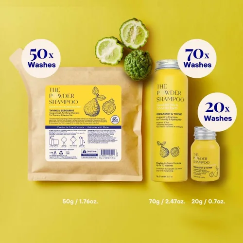 Vista 5 de Champú vigorizante en polvo espumoso para adelgazar el cabello, 20 lavados, vegano, ecológico, bergamota, tomillo, mini botella de aluminio de 0.7