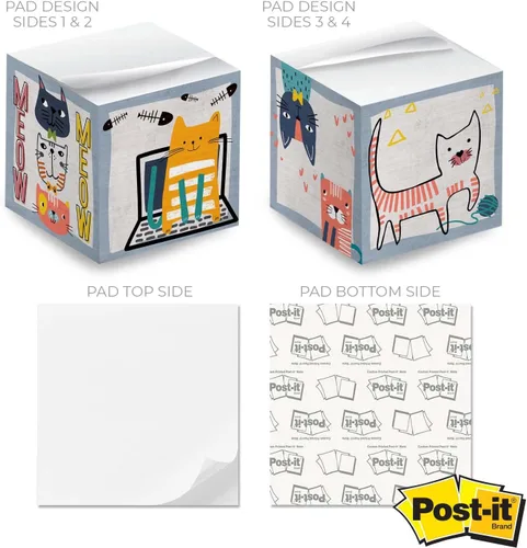 Vista 6 de Whimsical Cats - Cubo de notas adhesivas para gatos, 600 hojas, bloque de notas de 2.75 pulgadas impreso en 4 lados, diseño felino diferente en cada