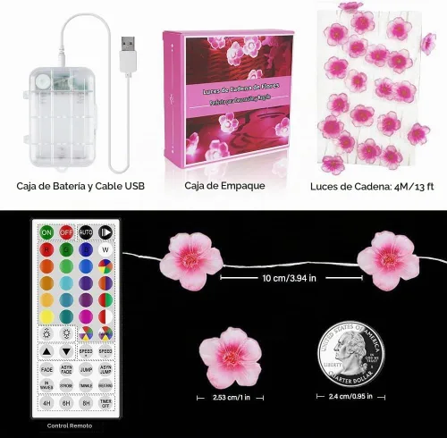 Vista 6 de OMIKA Luces de Flores Multicolor Guirnalda de Luces de Flor de Cerezo, Funciona con Pilas y USB, Luces de Hadas LED de 13 pies con 40 LED 24