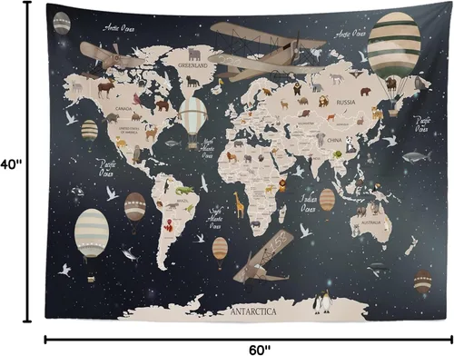 Vista 8 de BELECO Tapiz de mapa del mundo para colgar en la pared, diseño de animales de dibujos animados, 60 x 40 pulgadas, diseño vintage de aviones