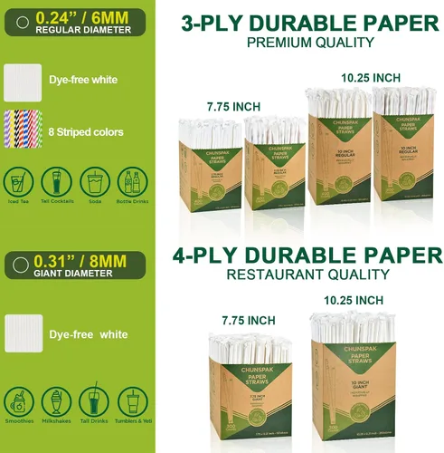 Vista 9 de Pajitas de papel desechables envueltas individualmente de 7.75 x 0.24 pulgadas, rayas coloridas [400 unidades] - biodegradables ecológicos