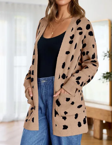 Vista 2 de ZESICA Suéter de punto con estampado de leopardo de manga larga para otoño e invierno para mujer