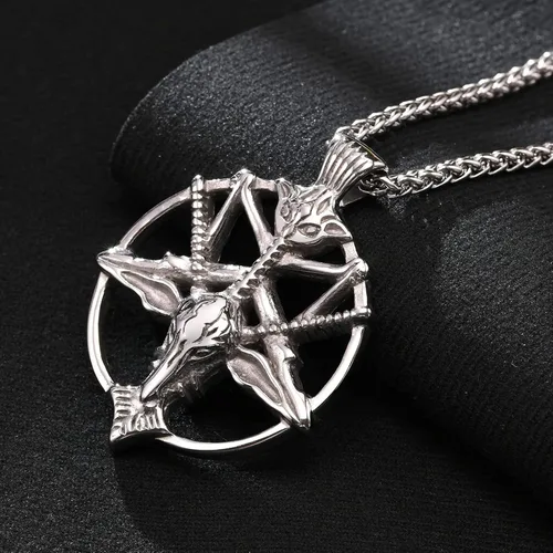 Vista 3 de Collar de pentagrama invertido de Satanás Colgante de calavera de cabeza de cabra baphomet de acero inoxidable, joyería satánica de cabra