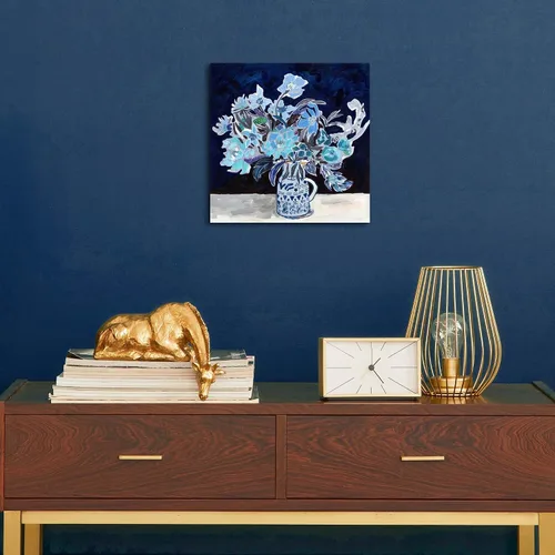 Vista 3 de TAR TAR STUDIO Lienzo abstracto de flores azules para pared, 12 x 12 pulgadas, impresión sin marco, decoración botánica para dormitorio, sala