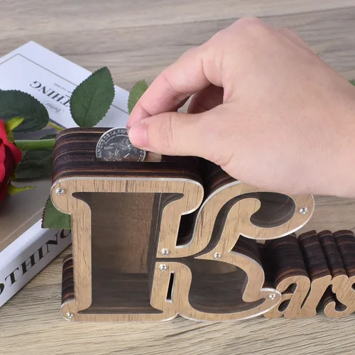 Vista 4 de Hucha de madera personalizada con nombre para niños y niñas, alcancías grandes, 26 letras del alfabeto inglés, letra A, caja de ahorro de dinero