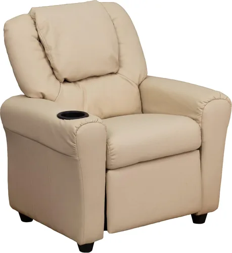 Vista 3 de EMMA + OLIVER Sillón reclinable infantil de vinilo beige con portavasos y reposacabezas