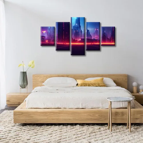 Vista 395 de Cuadros de 5 paneles de Cyberpunk City, arte de pared, representación de vallas publicitarias, edificios modernos en la capital con obras de arte
