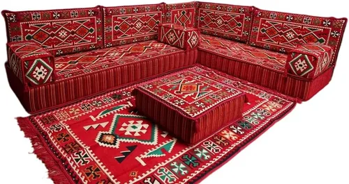 Vista 68 de arabicsofa Juego de asientos Jalsa en forma de L – Majlis árabe hecho a mano con almohadas de respaldo