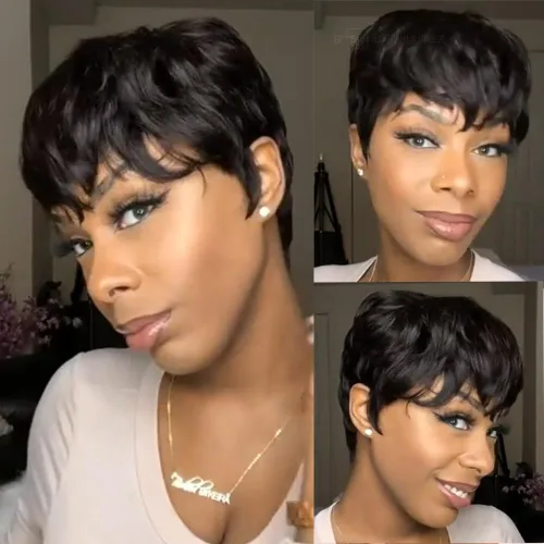 Vista 2 de YOUKNOWIG Peluca corta de corte Pixie en capas, pelucas de cabello humano sin pegamento con corte Pixie para mujeres negras, hechas a máquina, sin
