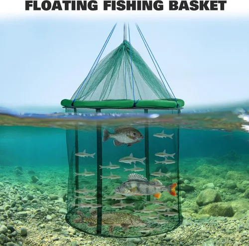Vista 5 de QualyQualy Floating Fish Basket 41/73 Gallons Extra Large for Live Caught, Fully Foldable Fishing Net Holder for Bait Live Well Collapsible Mesh
