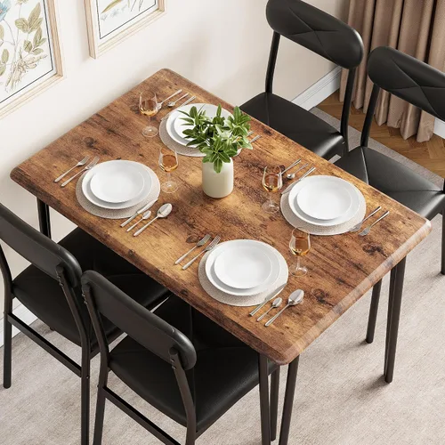 Vista 2 de Mesa de comedor de cocina y sillas tapizadas para 4, mesa rectangular de madera para 4 asientos, juego de comedor industrial de 5 piezas